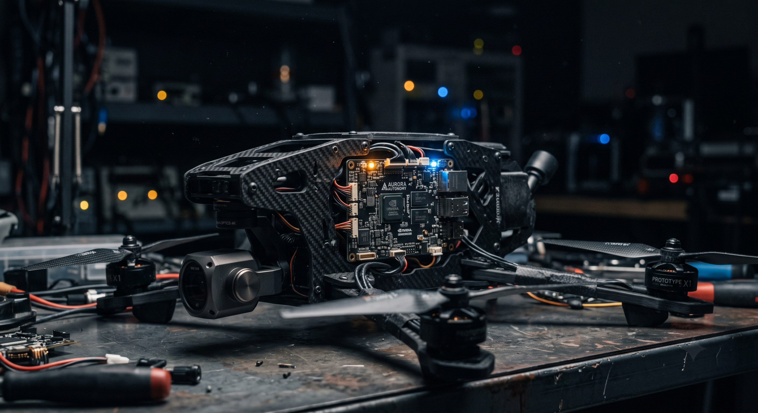Technologie-impressie van een hardwareprototype met elektronica op een werkbank