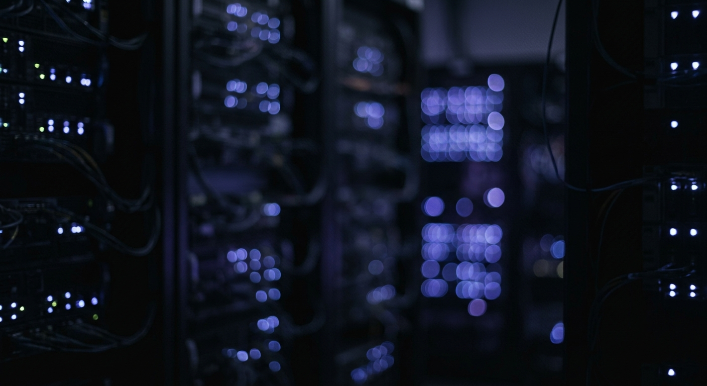 Technologie-impressie van een serveromgeving met kabels en lichtpunten